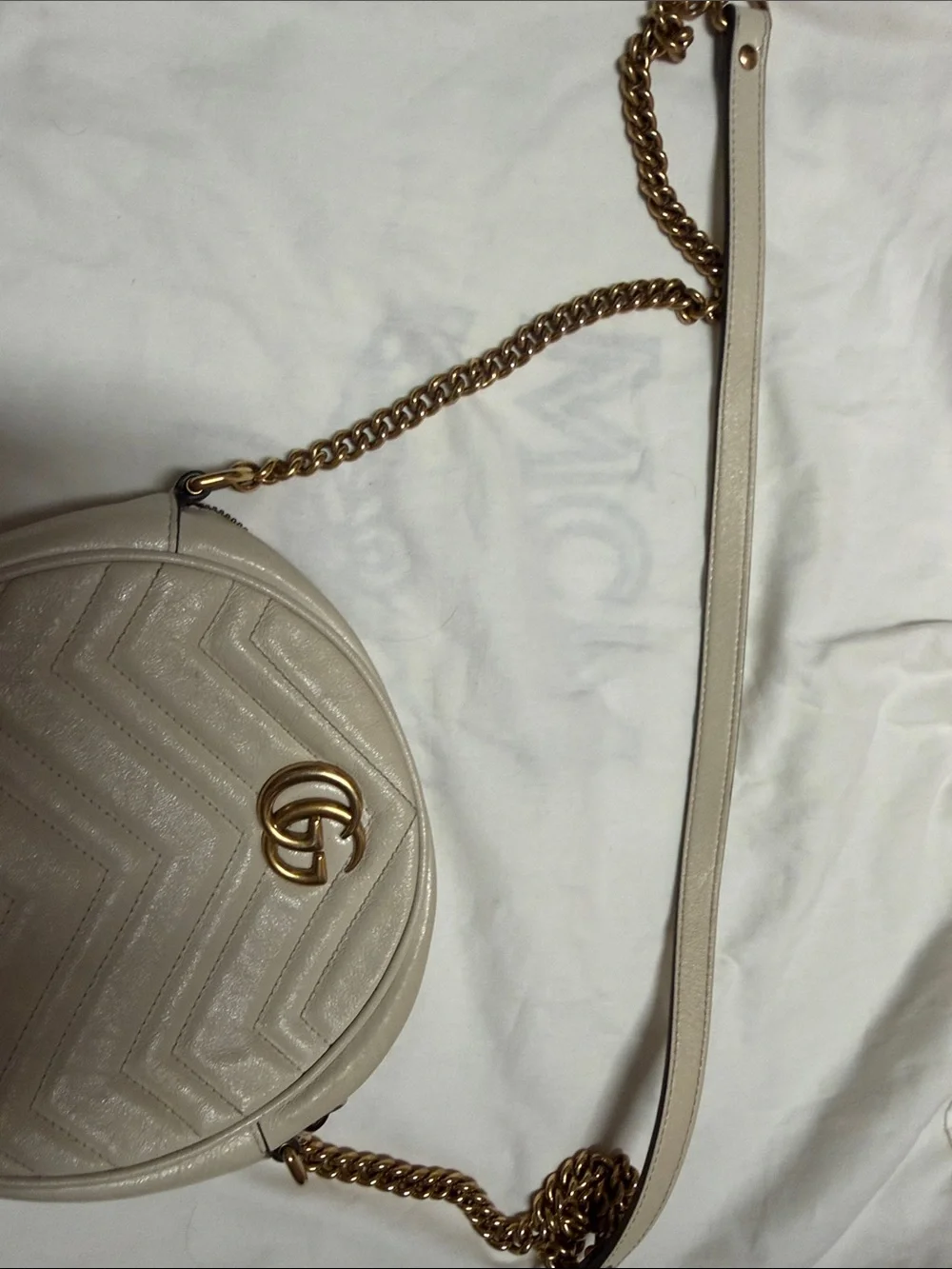 Gucci Round Chevron Crossbody Bag in Light Beige with Gold Hardware